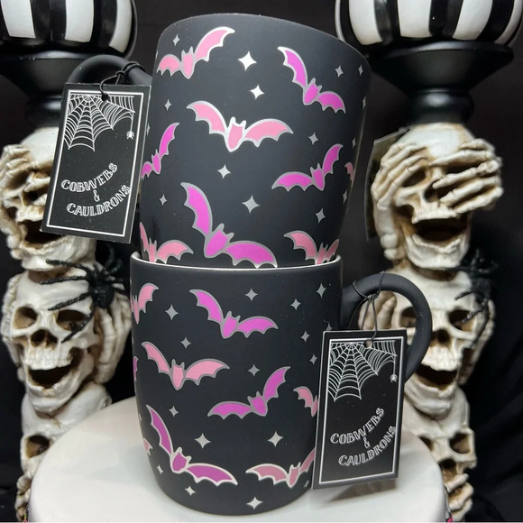Cobwebs & Cauldrons Halloween Soft Touch Black - Pink & Silver Trim Bat Mug x2 - Picture 2 of 12